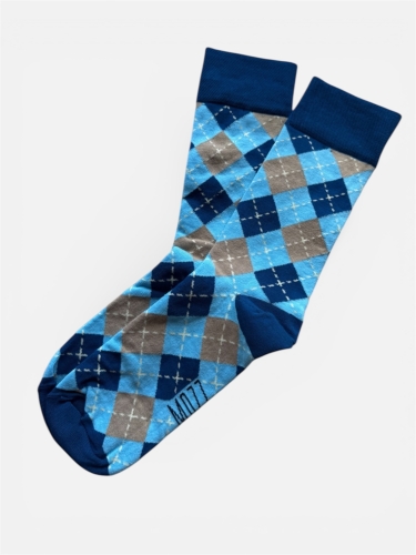Skarpetki niebieskie w granatowo beżowe romby z kremowym akcentem