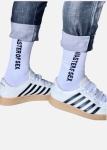 Sportowe skarpetki białe prążkowane z napisem Master of sex even in socks
