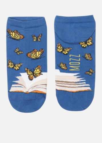 Kolorowe stopki kobaltowe z motywem książki i motyli