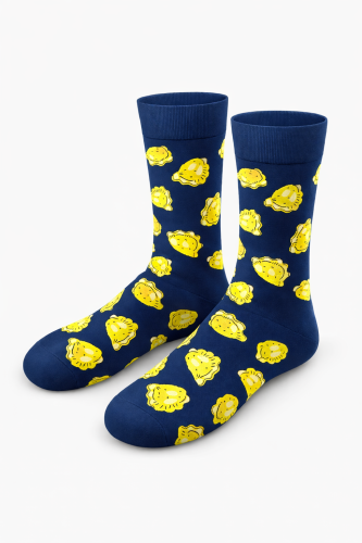 Kolorowe skarpetki granatowe w pierogi