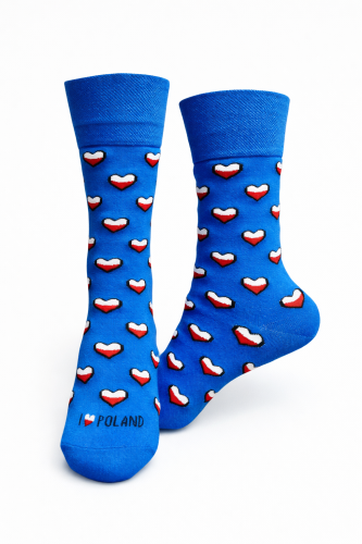 Kolorowe skarpetki niebieskie w biało czerwone serca I LOVE POLAND