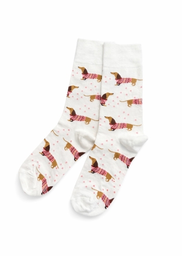 Kolorowe skarpetki kremowe z jamnikami w sweterkach