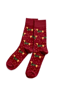 Kolorowe skarpetki bordowe z jamnikami w sweterkach