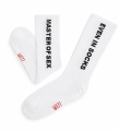 Sportowe skarpetki białe prążkowane z napisem Master of sex even in socks